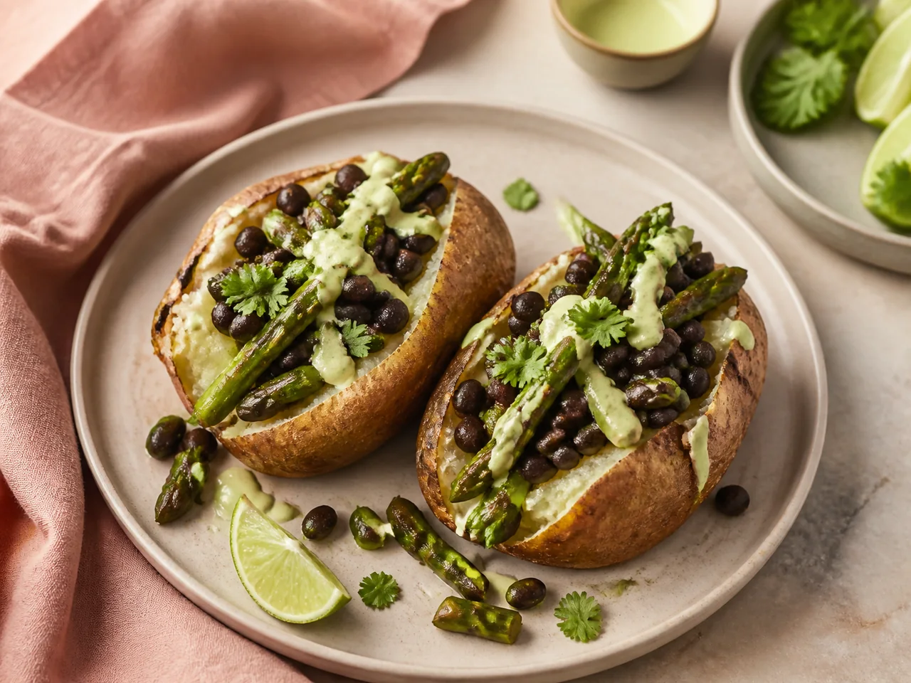 Aji-Lime Black Bean & Asparagus Loaded Potatoes