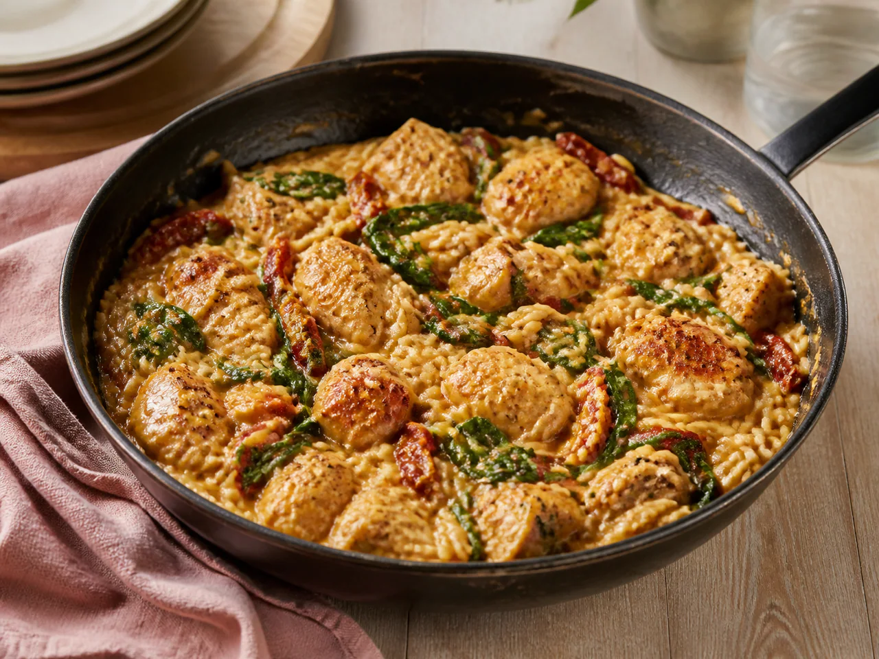 Creamy Tuscan chicken orzo in a skillet
